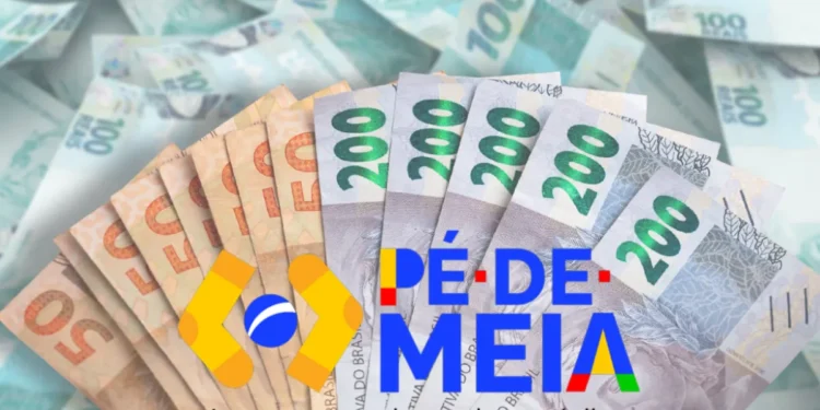 Imagem ilustrando cédulas de dinheiro do Brasil com o logo do Pé-de-Meia, explicando como o dinheiro é pago no programa.