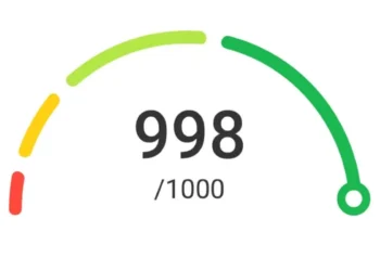 Pontuação de crédito de 998 de 1000, representada em gráfico de medidor, indicando excelente saúde financeira.