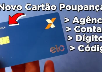 Exemplo de cartão poupança da Caixa com destaque para agência, conta, dígito e código