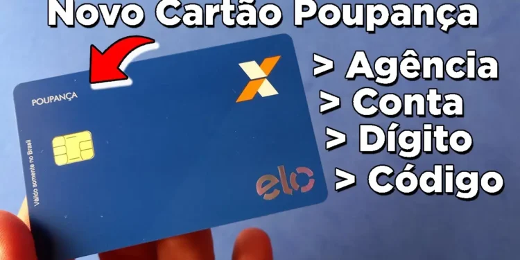 Exemplo de cartão poupança da Caixa com destaque para agência, conta, dígito e código