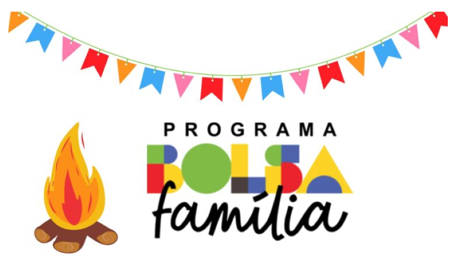 Imagem do Programa Bolsa Família com decoração de São João, incluindo bandeirinhas coloridas e uma fogueira, associada à data do pagamento do benefício.