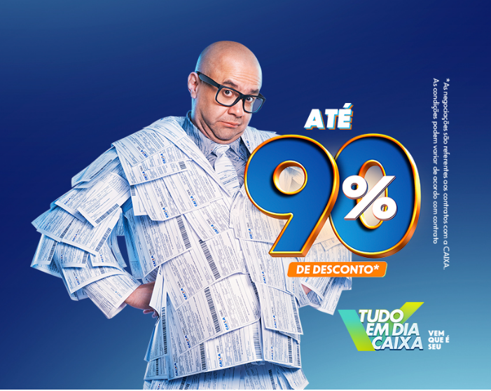 Homem usando um terno feito de boletos, com a promoção de descontos de até 90% da Caixa Econômica para dívidas.
