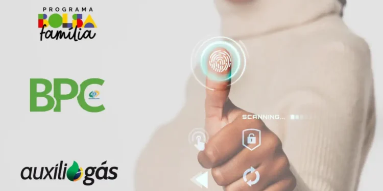 Imagem de digital sendo escaneada com interfaces de tecnologia, relacionada à biometria para programas sociais como Bolsa Família, BPC e Auxílio Gás.