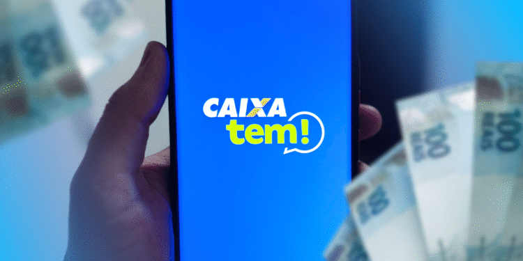 Tela do aplicativo CAIXA Tem mostrando o login, com fundo azul e dinheiro visível ao redor.