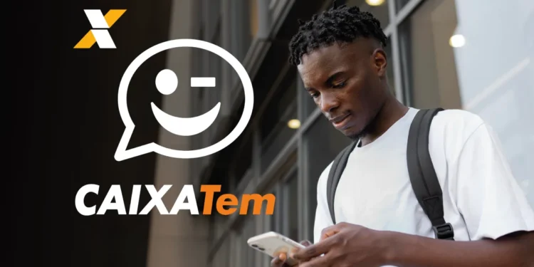 Pessoa usando celular em frente a uma parede de vidro, com logo do Caixa Tem ao lado.