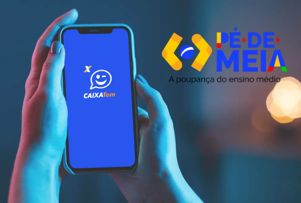 Imagem de um smartphone exibindo o logo do Caixa Tem com o conceito do Pé de Meia