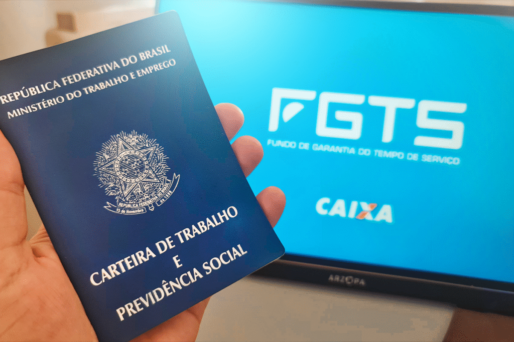 Carteira de Trabalho e logo do FGTS com destaque para saque-aniversário