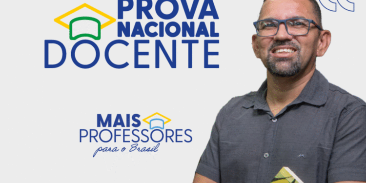 PND 2025: imagem com logotipo da Prova Nacional Docente e homem segurando livro.