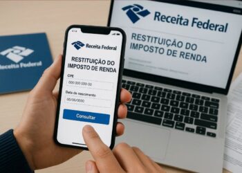 3º lote de restituição. Imagem de um smartphone mostrando a tela da consulta de restituição do Imposto de Renda, com campos para informar o CPF e data de nascimento.