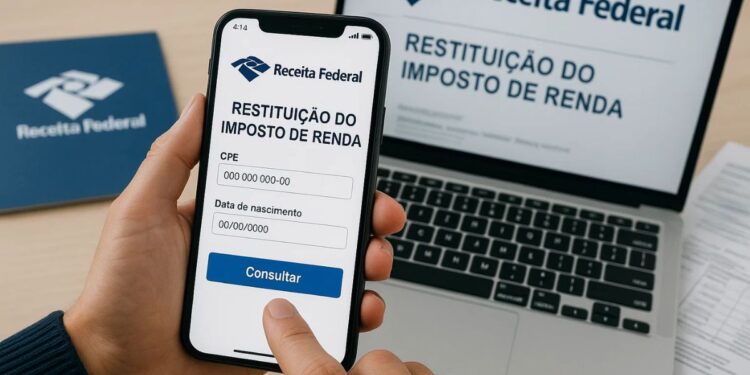 3º lote de restituição. Imagem de um smartphone mostrando a tela da consulta de restituição do Imposto de Renda, com campos para informar o CPF e data de nascimento.