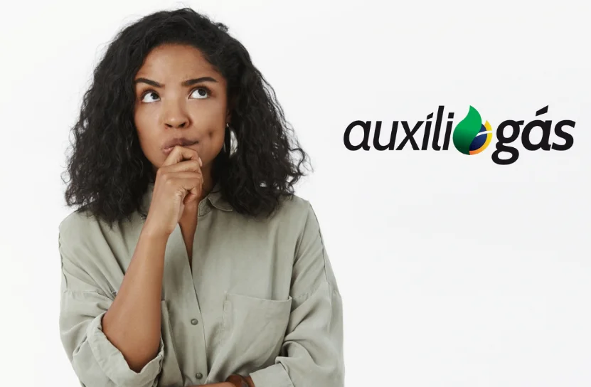 Mulher pensativa com logo Auxílio-Gás