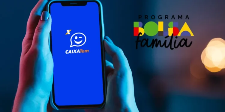 Tela do aplicativo Caixa Tem mostrando o logo do programa, com o logo do Bolsa Família ao lado, indicando um pagamento em julho.