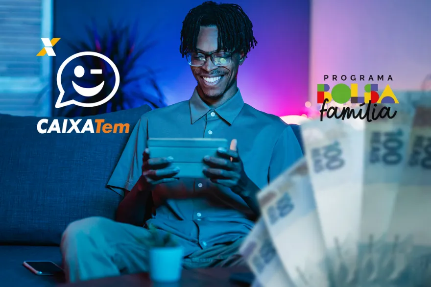 Imagem de um usuário feliz utilizando o Caixa Tem com notas de dinheiro e o logo do programa Bolsa Família