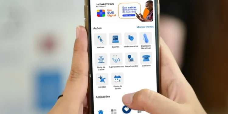 Tela do aplicativo SUS Digital exibindo opções de saúde, incluindo vacinas, exames, medicamentos e mais.