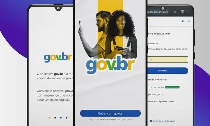 rês smartphones exibindo o aplicativo Gov.br e opções de login para acessar serviços digitais