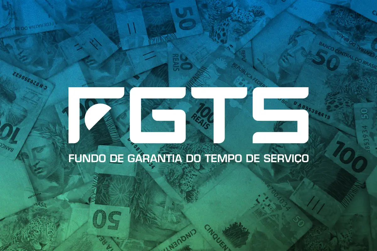 Notas de real ao fundo com o logotipo do FGTS destacado, representando o pagamento do lucro em 2025