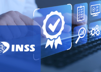 Logotipo do INSS com ícones de certificação e tecnologia, representando o pagamento de valores extras para aposentados a partir de 24 de julho de 2025.