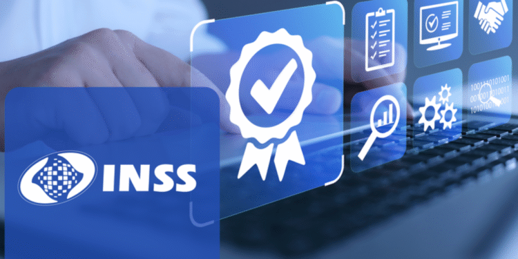 Logotipo do INSS com ícones de certificação e tecnologia, representando o pagamento de valores extras para aposentados a partir de 24 de julho de 2025.