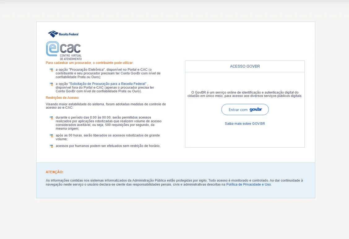 Tela do eCAC da Receita Federal com informações sobre como cadastrar procurador