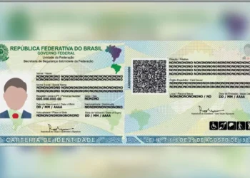 Imagem da nova Carteira de Identidade do Brasil, com design atualizado, mostrando as informações preenchidas no RG novo.
