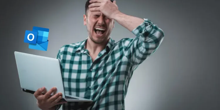 Homem frustrado tentando acessar o Outlook durante falha global de login.