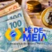 Dinheiro em reais e logo do programa Pé de Meia, com destaque para nota de R$ 100 e moeda de R$ 1.