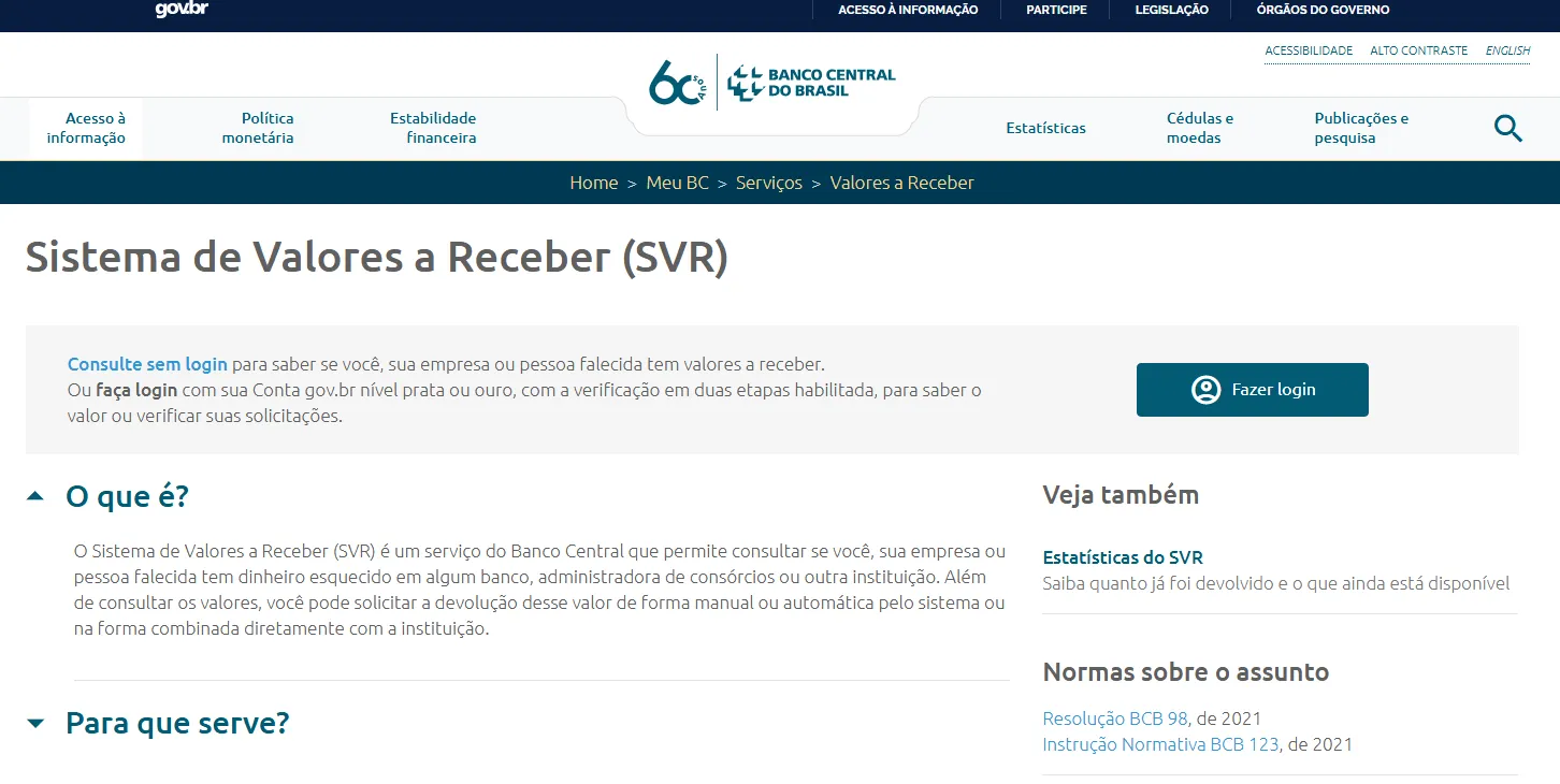 Tela do Sistema de Valores a Receber do Banco Central mostrando as opções de consulta de valores.