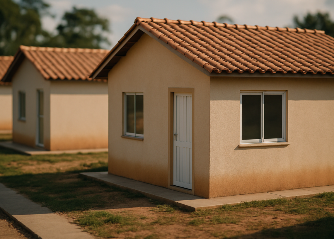Casas simples com telhado de cerâmica e paredes claras em um ambiente residencial.