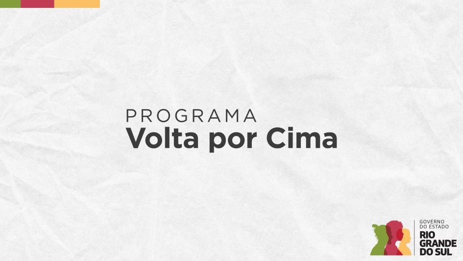 Logo do programa 'Volta por Cima' do Governo do Rio Grande do Sul, com um fundo de silhuetas coloridas de pessoas.