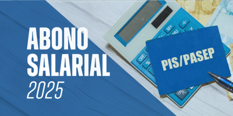 Cartão PIS/PASEP sobre uma mesa com cédulas e uma calculadora, anunciando o abono salarial de 2025, com PIX de até R$ 1.518