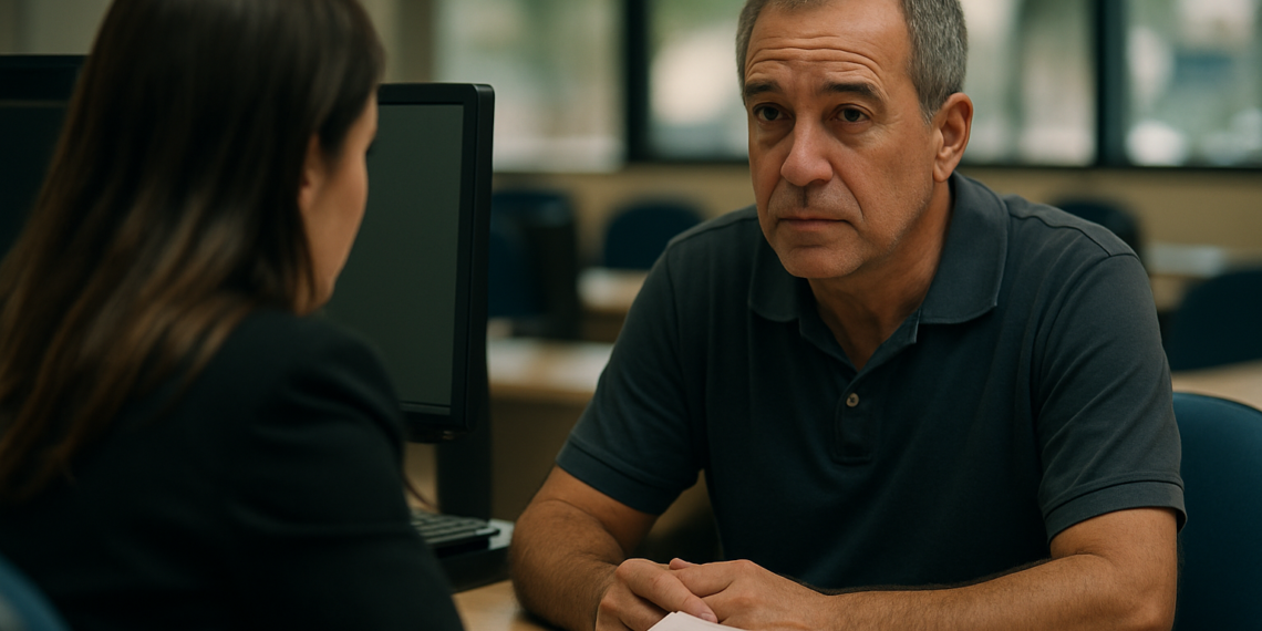 Homem em atendimento administrativo, provavelmente para esclarecer dúvidas sobre o pagamento do INSS. A imagem reflete um cenário de consulta relacionada ao pagamento dos beneficiários do INSS.