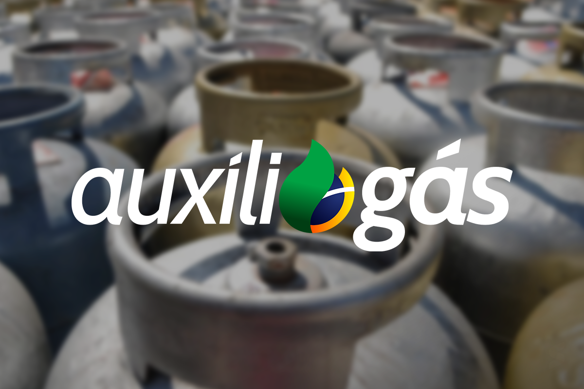 Imagem com o logo do Auxílio Gás sobre um fundo de botijões de gás de cozinha.
