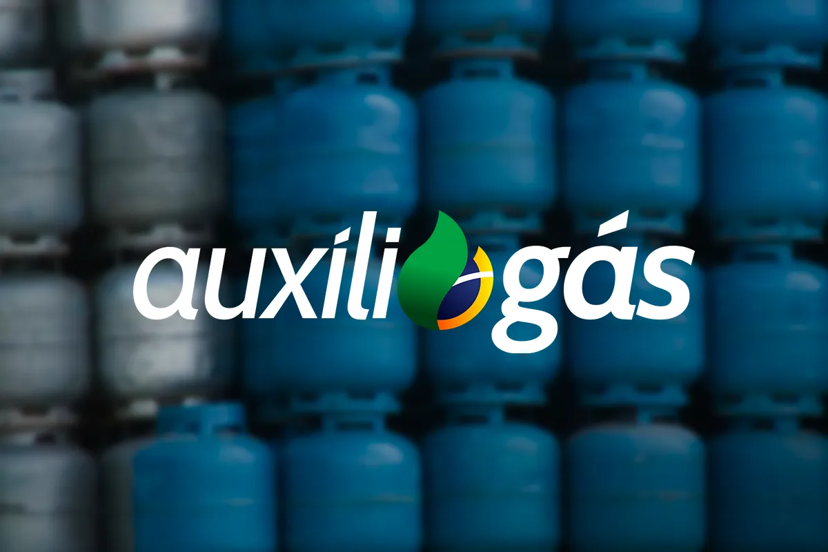 Imagem ilustrativa com o logo do Auxílio Gás sobre fundo de botijões de gás de cozinha.