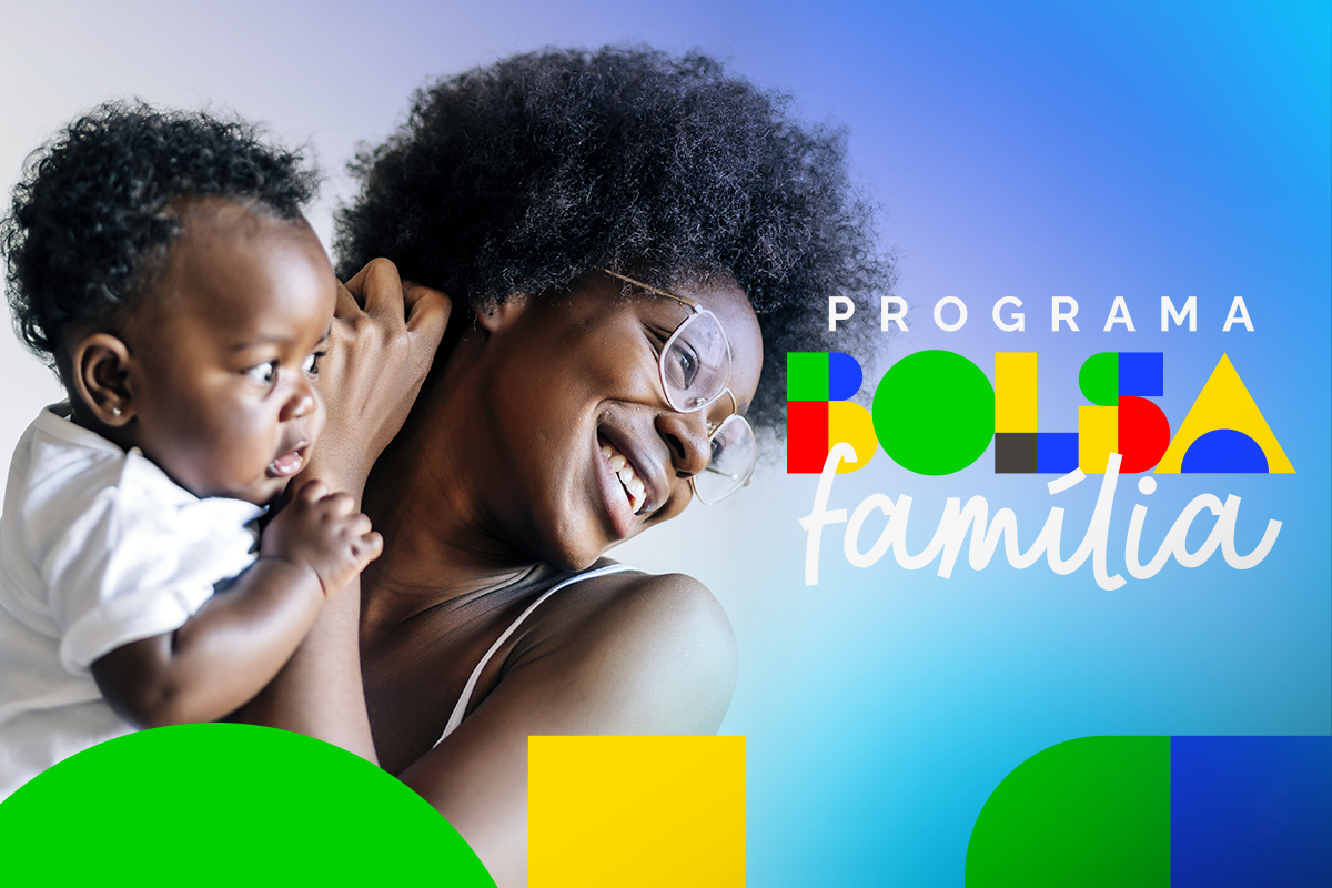 Imagem de mãe segurando um bebê, simbolizando o programa Bolsa Família, com texto 'Programa Bolsa Família' e elementos gráficos coloridos.