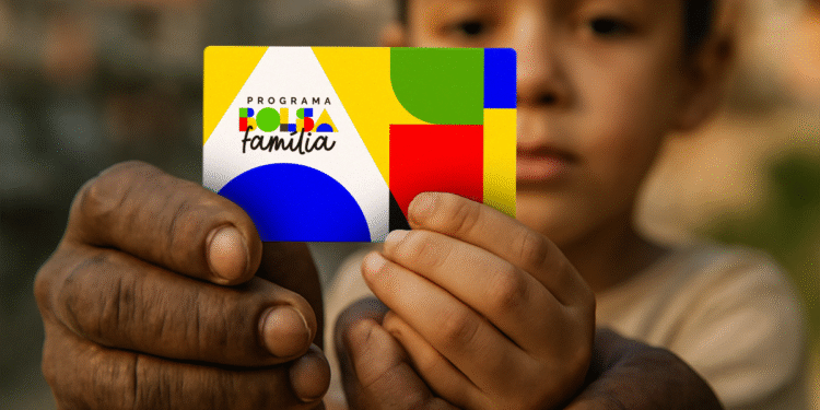 "Cartão do Programa Bolsa Família sendo segurado por uma criança e um adulto, com o design colorido e o logotipo visível.