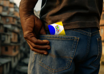 Cartão do Programa Bolsa Família em bolso de jeans, com imagem desfocada ao fundo, simbolizando a diminuição do valor pago a famílias.