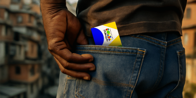 Cartão do Programa Bolsa Família em bolso de jeans, com imagem desfocada ao fundo, simbolizando a diminuição do valor pago a famílias.