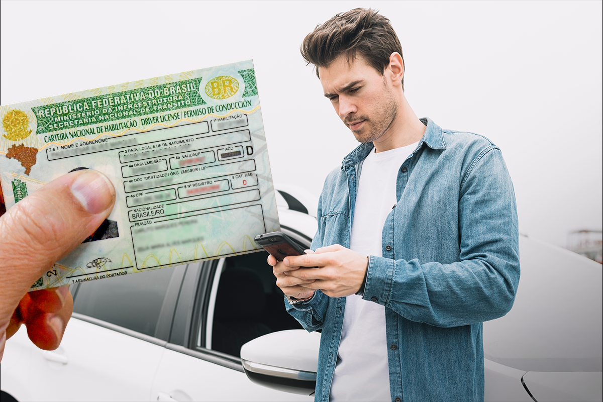 Imagem de uma carteira de habilitação brasileira (CNH) sendo mostrada, com um homem utilizando um celular, próximo a um carro branco.