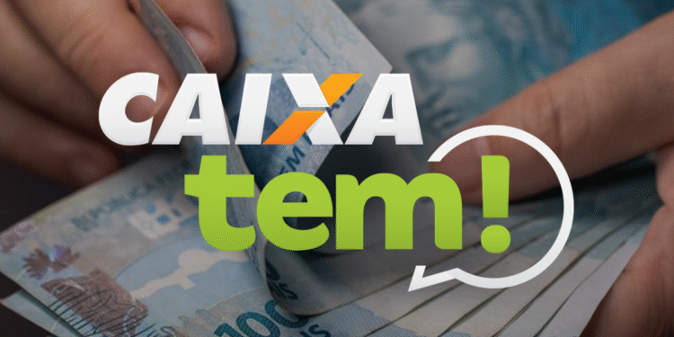 Imagem ilustrativa do Caixa Tem, com uma pessoa segurando notas de R$ 100 e logo da plataforma em destaque.