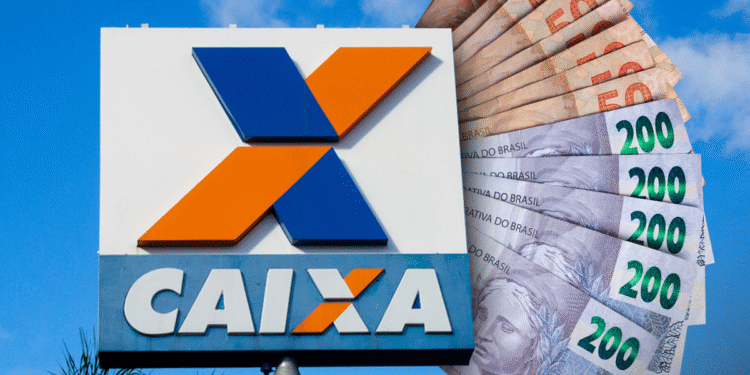 Imagem ilustrativa de uma agência da Caixa Econômica Federal e notas de R$ 50 e R$ 200, relacionadas ao pagamento de até R$ 6.220.
