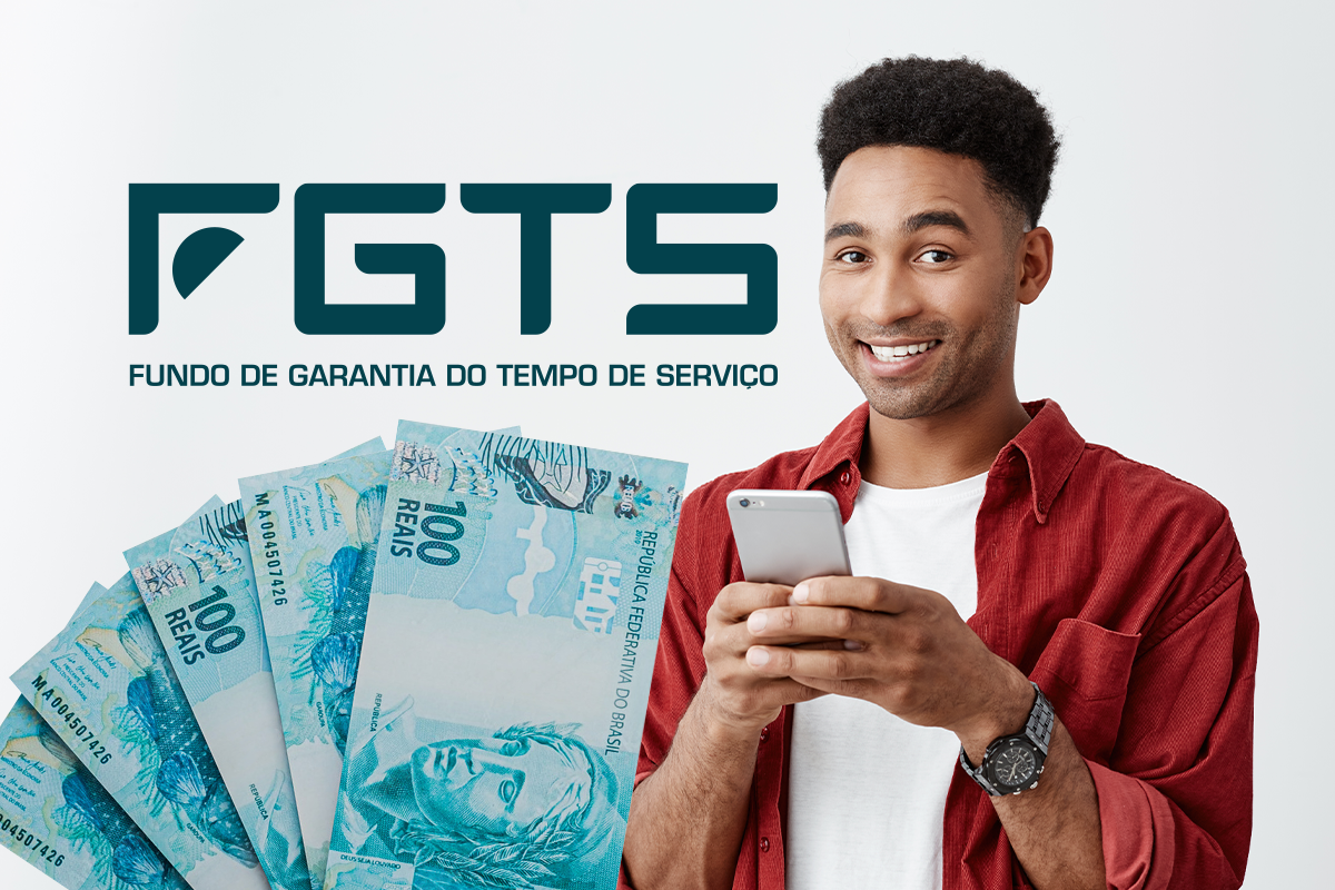 Imagem ilustrativa de uma pessoa segurando um celular, com notas de R$ 100 ao fundo, representando o saque do FGTS de até R$ 6.220.