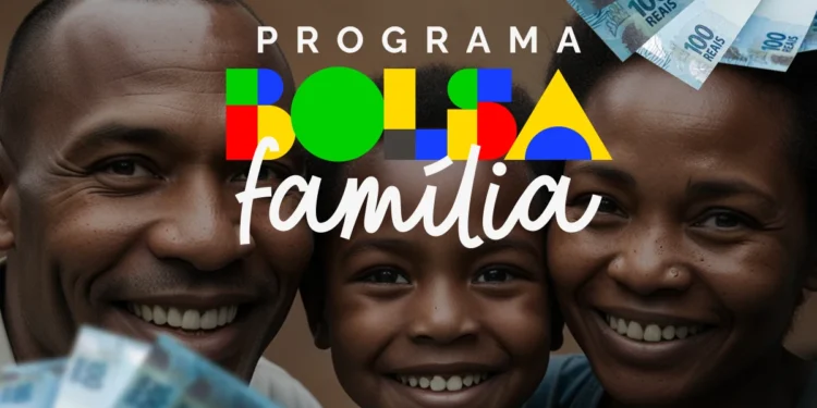 Família sorrindo com cédulas de R$ 100, simbolizando o impacto do Bolsa Família e os rumores sobre aumento do benefício.