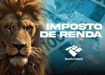 A imagem do leão da Receita Federal com um fundo de notas de 100 reais e a frase "Imposto de Renda".