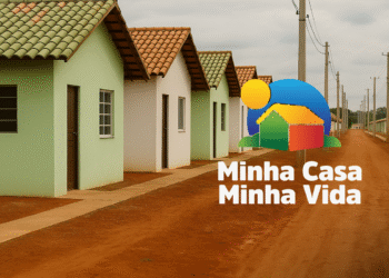 Imagem de casas simples em um bairro habitacional do programa Minha Casa Minha Vida, com casas de cores suaves e um céu nublado.