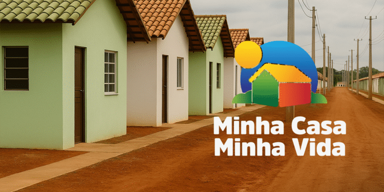 Imagem de casas simples em um bairro habitacional do programa Minha Casa Minha Vida, com casas de cores suaves e um céu nublado.
