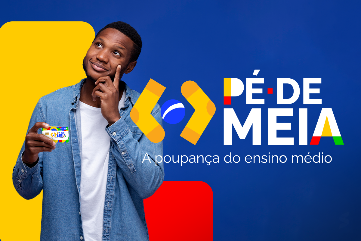 Estudante jovem pensativo segurando cartão do Pé-de-Meia com gesto de reflexão sobre fundo azul e amarelo com logotipo oficial