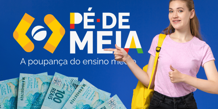 Estudante mostrando apoio ao Pé-de-Meia com cédulas de 100 reais ao fundo