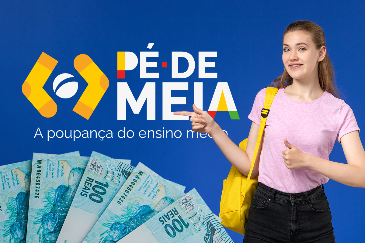 Imagem colorida e alegre do programa Pé-de-Meia, com a mão de um adulto entregando uma moeda para a mão de um jovem estudante.