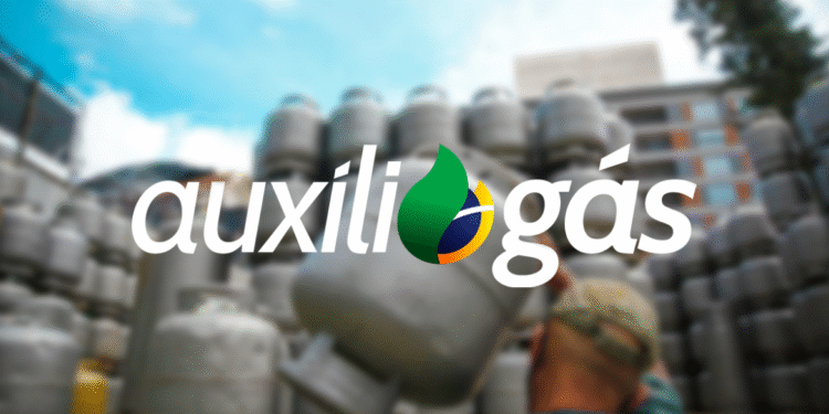 Logo do Programa Auxílio Gás com botijões de gás ao fundo.
