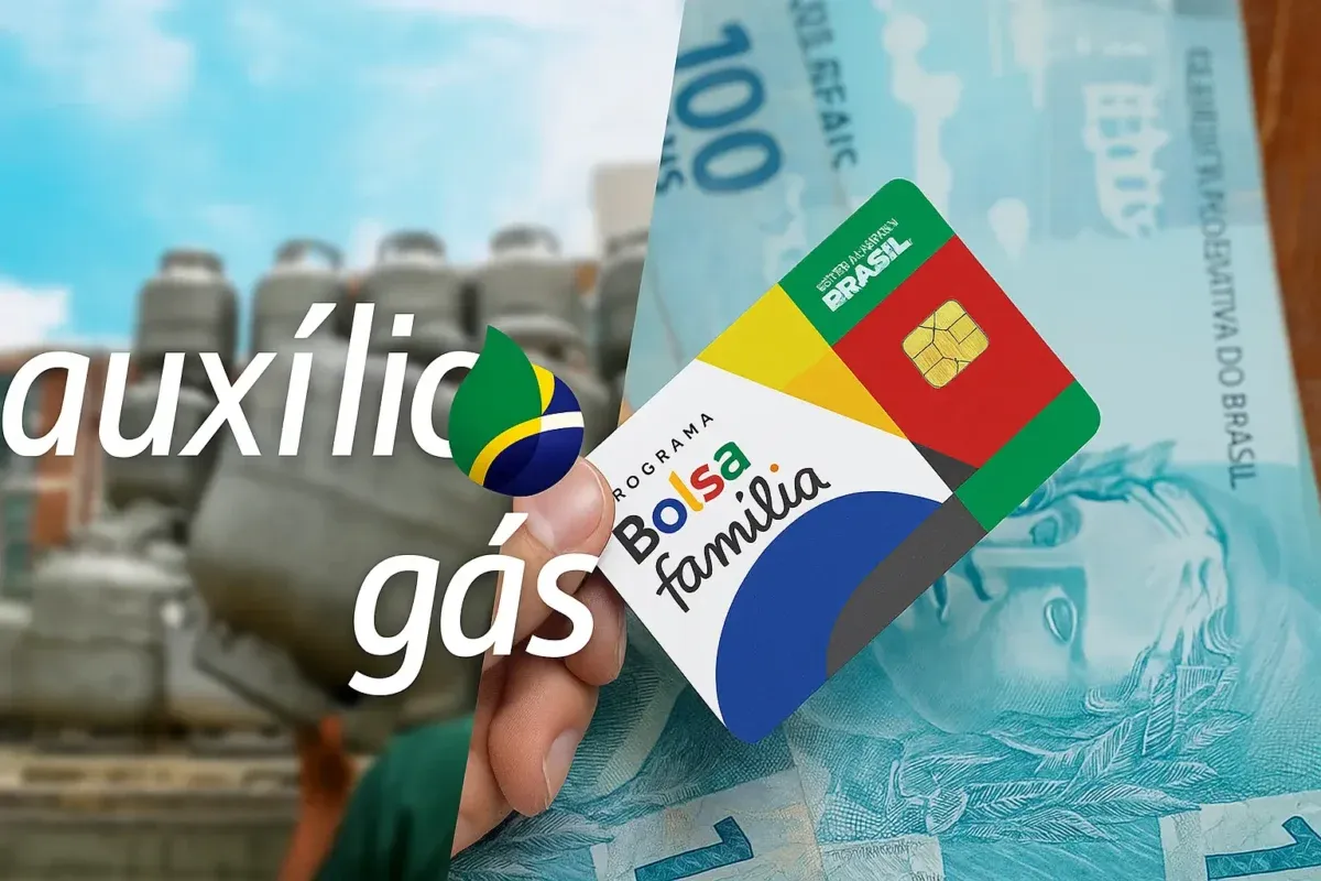 Cartão do Programa Bolsa Família ao lado de cilindros de gás e notas de dinheiro, ilustrando o auxílio gás para beneficiários em agosto.